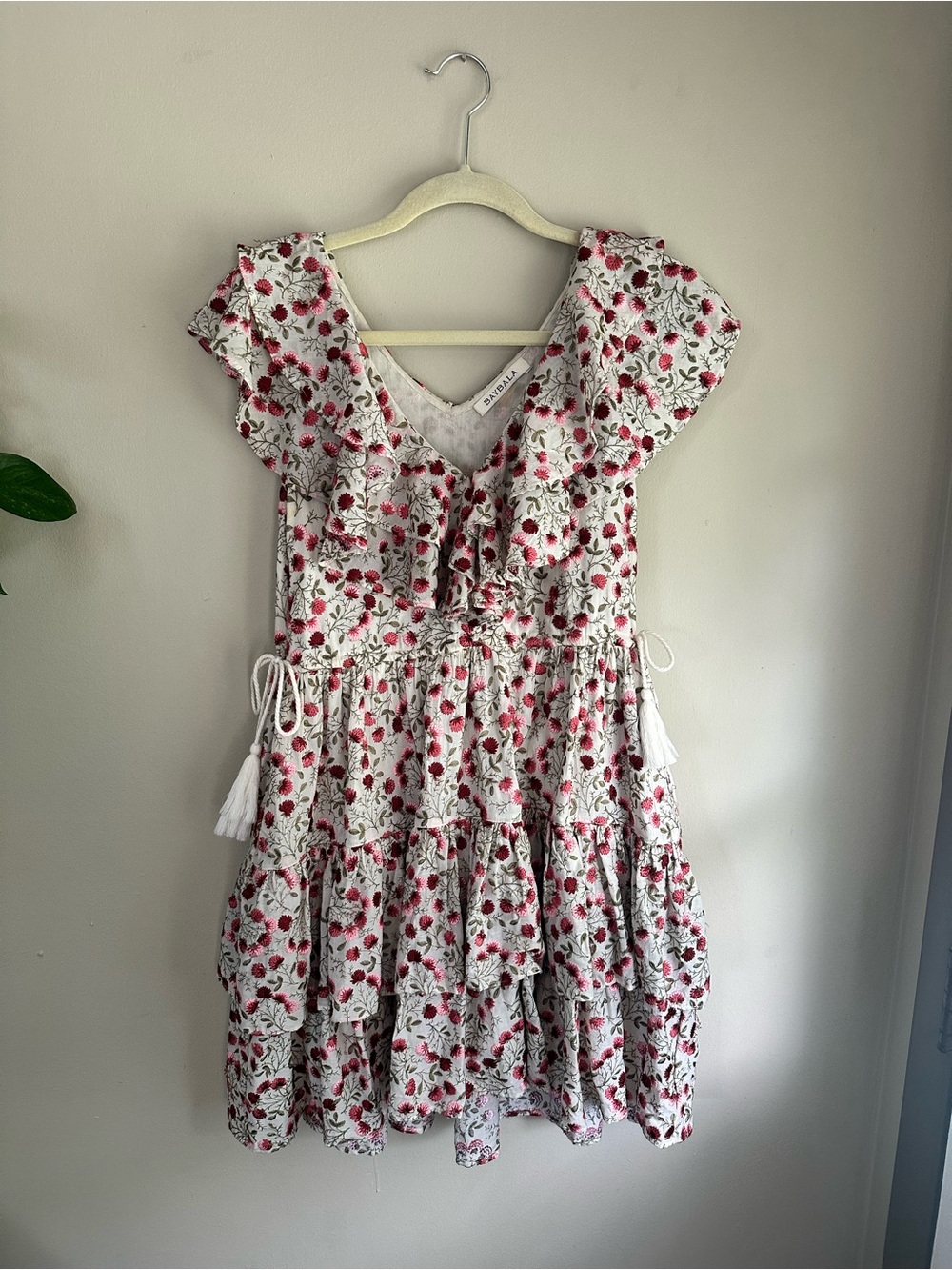 Baybala White Floral Ruffle Mini Dress with Pink Red Flower Print and tassels